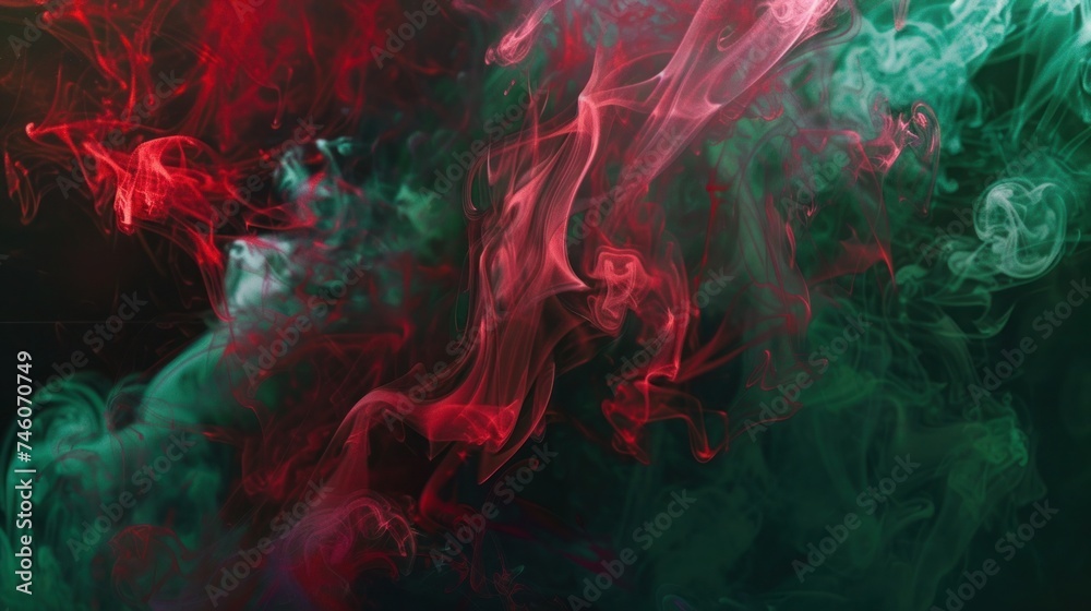 Lightness and smoothness of movement thin abstract streams of green and red smoke on black background