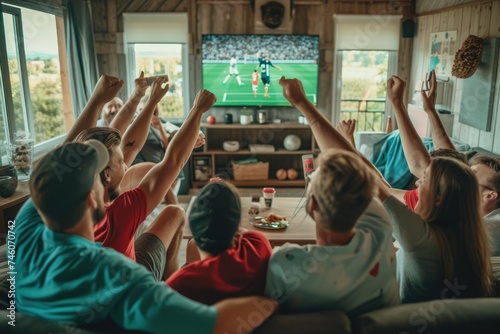 A jovial crowd of friends is raising glasses in a toast while attentively watching a soccer game on a television in a cozy bar decorated with lights. AIG41