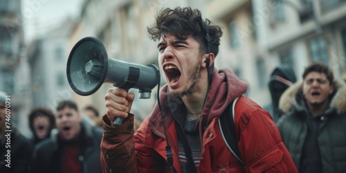 man with loudspeaker demonstration picket Generative AI