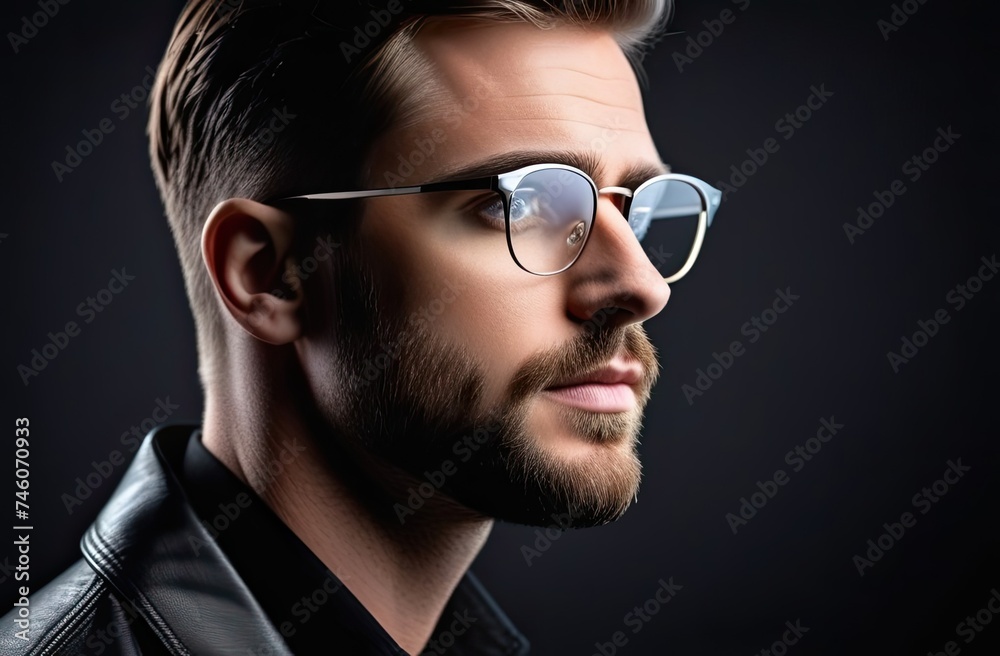 Obraz premium Fashion young man holding his fashionable sunglasses on gray background