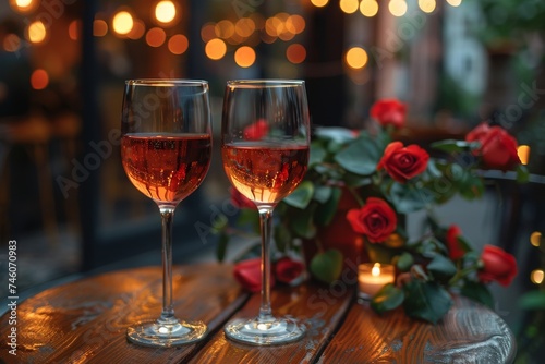 Glasses of rose wine serve on a wooden table accompanied by red roses  creating a romantic setup