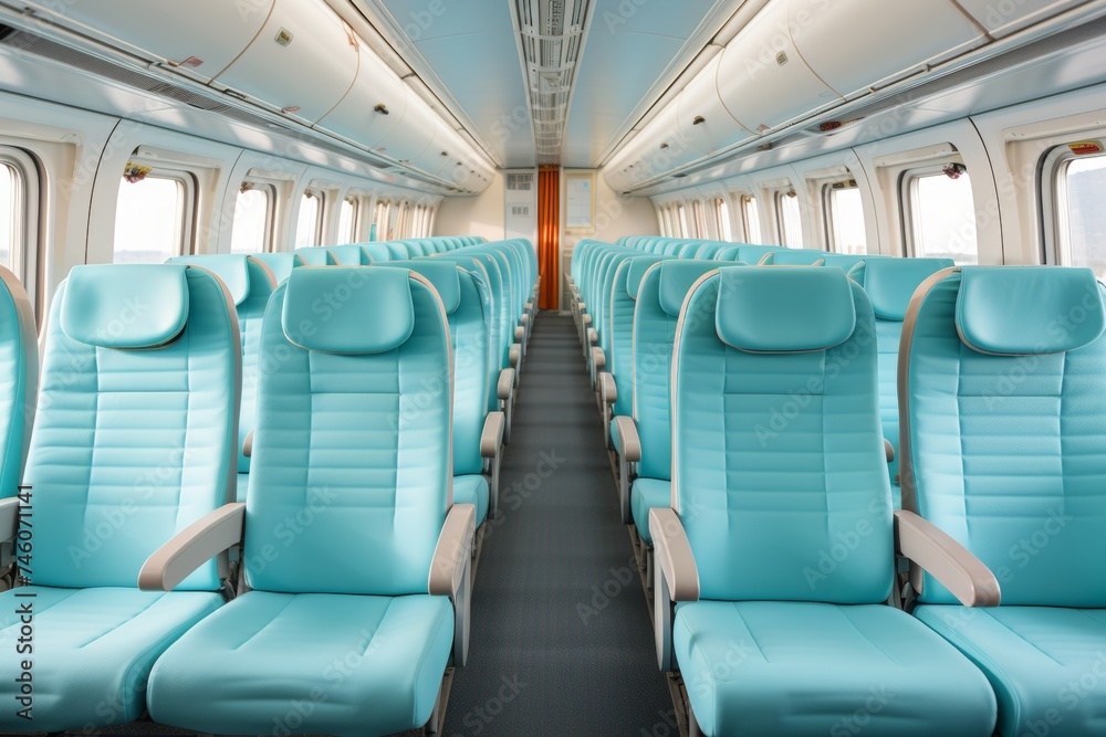 Spacious and stylish interior of a modern passenger train with comfortable seating