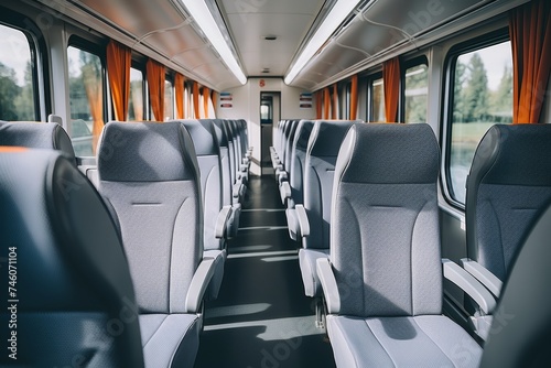 Contemporary interior of a passenger train with comfortable seating and modern design © polack