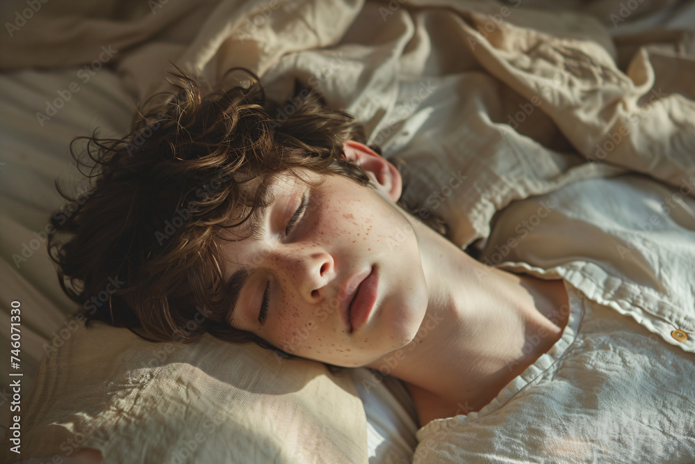 Teenage boy sleeping peacefully in natural light. Intimate indoor lifestyle portrait with a comfortable and serene atmosphere for design and print Teenage boy sleeping peacefully in natural light. Intimate indoor lifestyle portrait with a comfortable and serene atmosphere for design and print