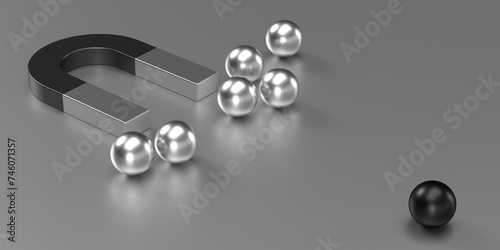 Politicians, influencers magnetisim as election propaganda for voters, followers in social media. Magnet attracting balls, 3D rendered background with clipping path for easy editing. Election concept