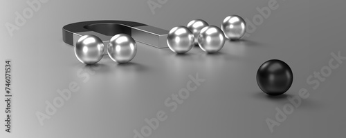 Politicians, influencers magnetisim as election propaganda for voters, followers in social media. Magnet attracting balls, 3D rendered background with clipping path for easy editing. Election concept photo