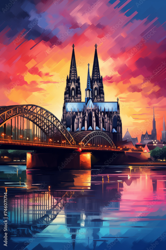 Naklejka premium Illustration of the city of Cologne in Germany. For postcards, magnets, souvenirs. Generative AI tools
