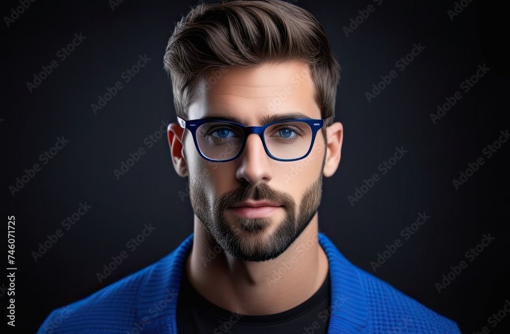 Front view, Close-up of face, Fashion young man holding his fashionable sunglasses on gray background Front view, Close-up of face, Fashion young man holding his fashionable sunglasses on gray background
