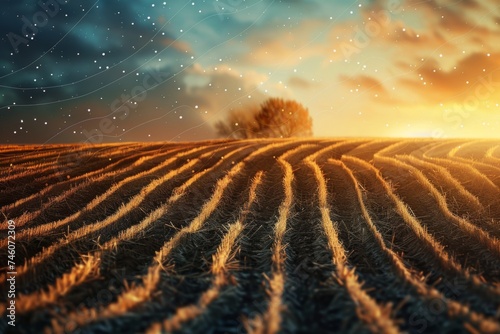 Rural landscape with wheat field at sunset. abstract background Agriculture Day  photo