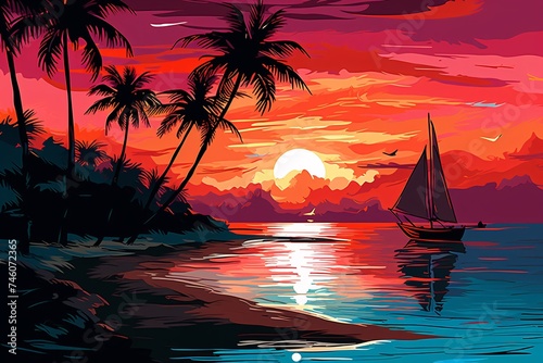 a painting of a sunset over a beach