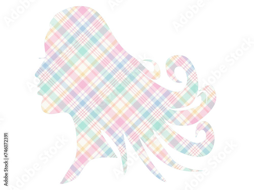 silhouette view of woman tartan multicolor, written words, vector graphics for posters, cards, postcards, invitations, banners, advertising,

