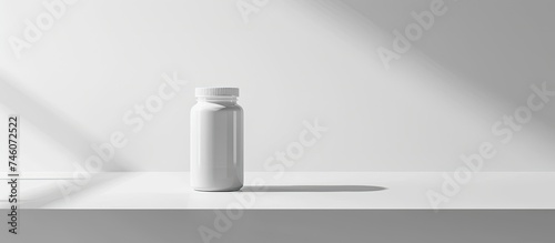 A white pill bottle is neatly placed on top of a white shelf, creating a clean and minimalistic look. This image is ideal for health and wellness websites, conveying a sense of organization and