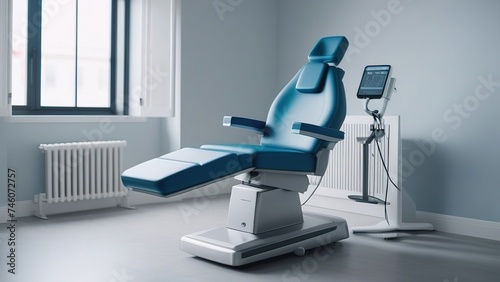 a doctor s office or an examination room with a hospital blue chair  a gynecological chair in a medical clinic or a treatment room 