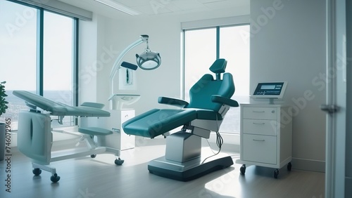 a doctor's office or an examination room with a hospital blue chair, a gynecological chair in a medical clinic or a treatment room,