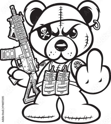 Cartoon style teddy bear with eye pad holding assault rifle and showing middle finger