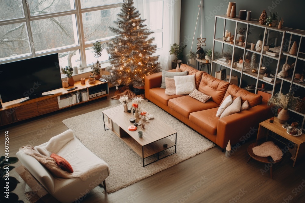 Interior of a living room decorated for the christmas holidays
