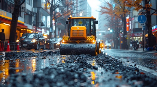 workers make the road reconstruction and maintenance with modern equipment