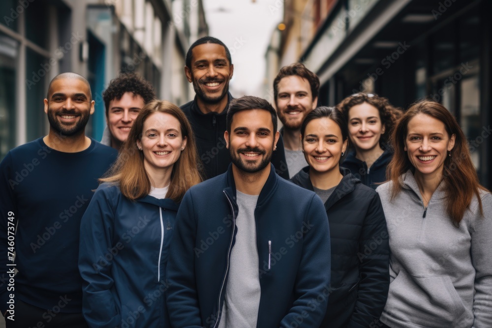 Group portrait of casual coworkers outside Group portrait of casual coworkers outside