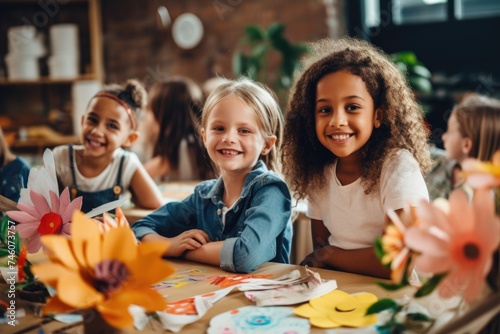 Happy children engaging in arts and crafts in classroom photo