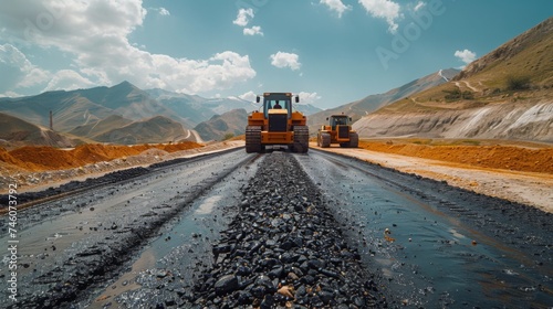 workers make the road reconstruction and maintenance with modern equipment