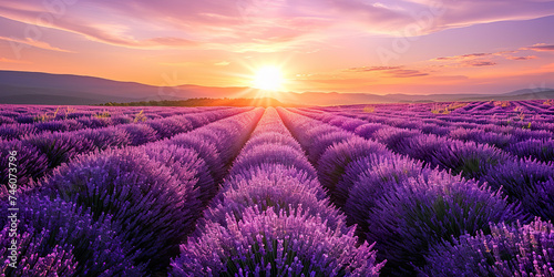 Lavender field sunset and lines. Beautiful