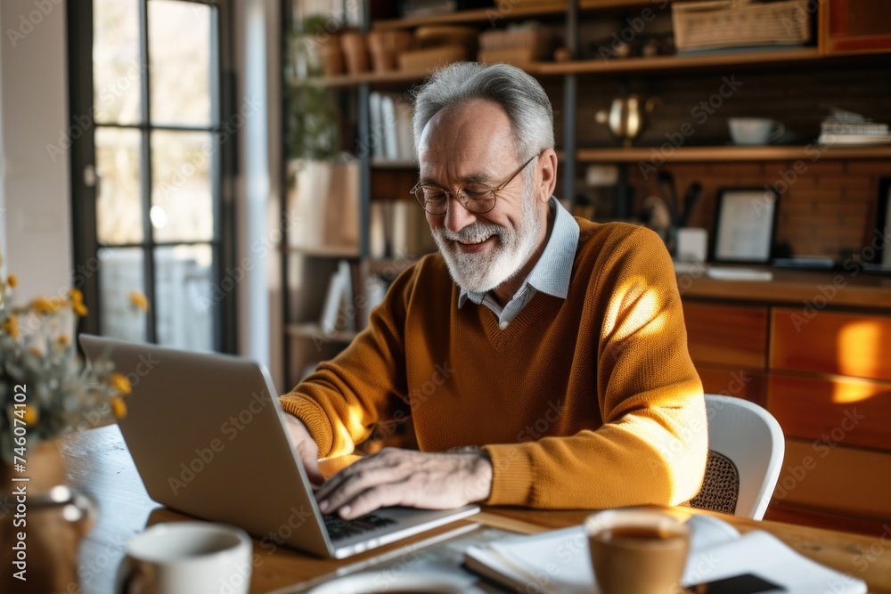 Smiling senior man using laptop at home Smiling senior man using laptop at home