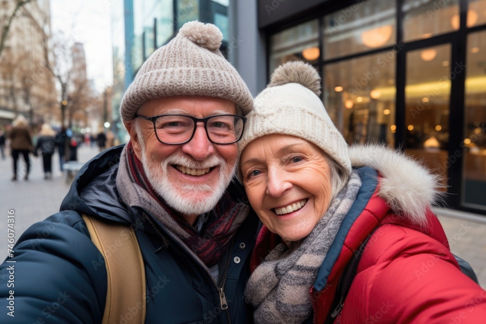Smiling senior couple taking selfie in the city