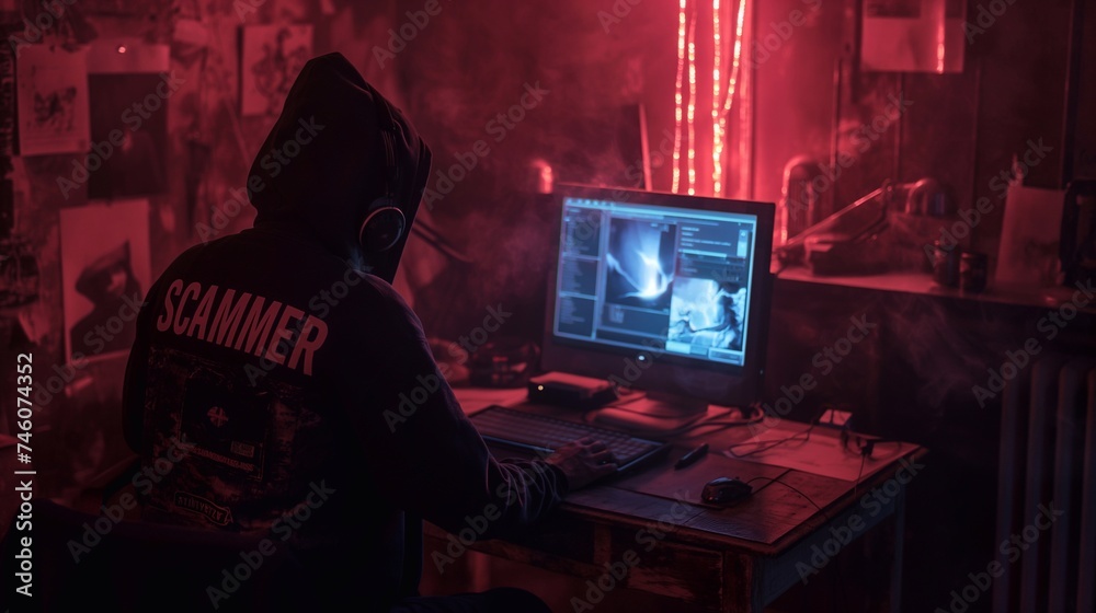 The scammer wears a hoodie in front of a computer generative ai  art