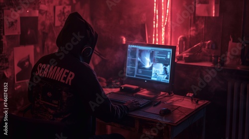 The scammer wears a hoodie in front of a computer generative ai art