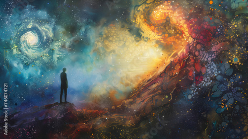 A man stands in front of a spiral with the words " the universe " on the bottom, A painting of a person looking at the sky with the sun and stars