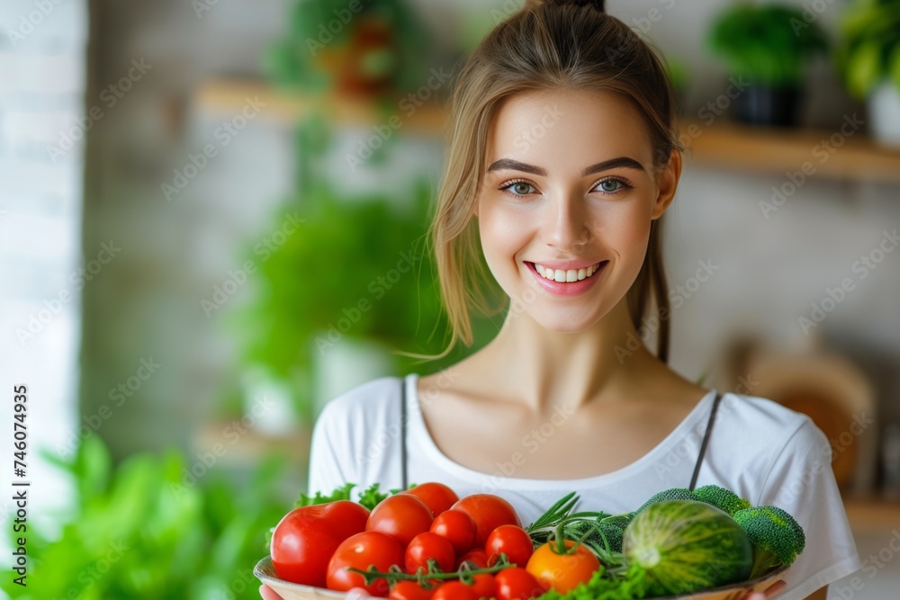 young beautiful caucasian woman with a plate of healthy and wholesome food young beautiful caucasian woman with a plate of healthy and wholesome food
