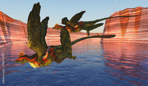 Microraptors in Canyon - Microraptor was a carnivorous feathered raptor that lived in Mongolia, China during the Cretaceous Period.