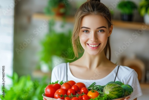 young beautiful caucasian woman with a plate of healthy and wholesome food