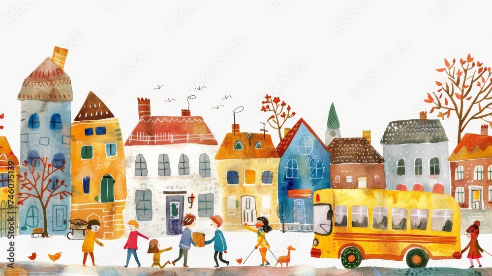 Illustration of a school bus on an autumn day with falling leaves and a city backdrop, ideal for education and seasonal themes.