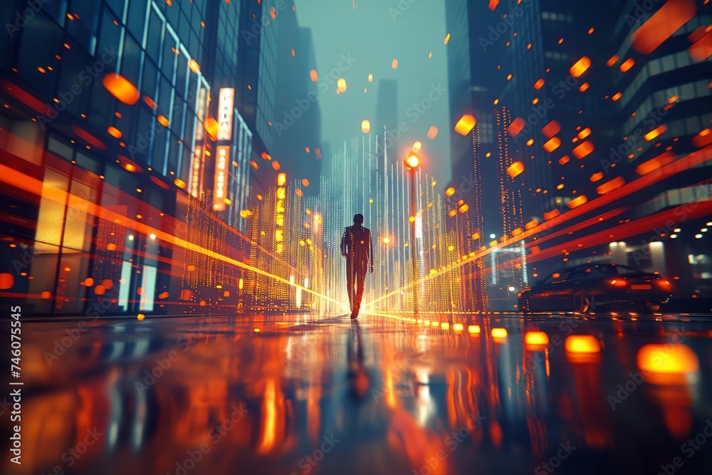 Digital Odyssey: Solitary Figure Walking Through Data Stream City