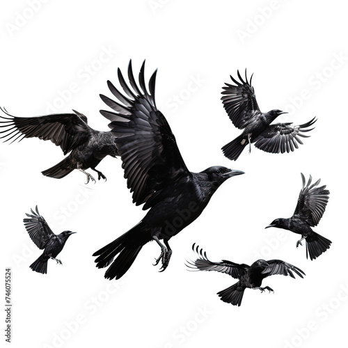 Ravens Birds flying isolated on white or transparent background