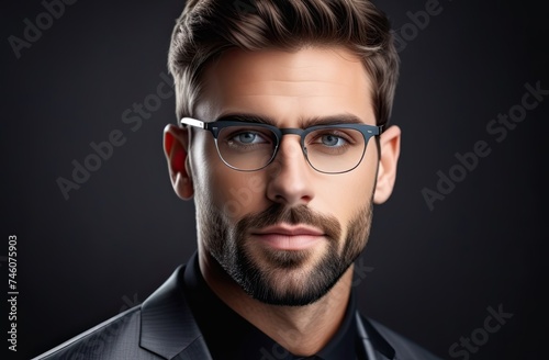 Model Appearance, Fashion young man holding his fashionable sunglasses on gray background