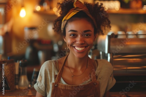 A woman wearing an apron smiles at the camera  exuding warmth and friendliness