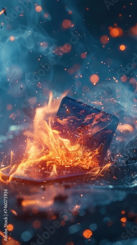 Vivid flames engulf a wallet, colorful digital embers hint at loss and rebirth