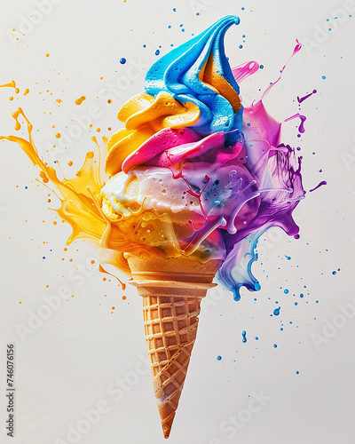 cono gelato dai colori arcobaleno in stile acquerello, sfondo bianco scontornabile