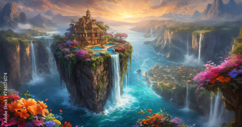 Canvas Print Majestic Waterfall Castle