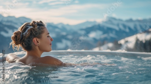 A young woman enjoys a serene moment in a hot tub with a picturesque snowy mountain landscape in the background. 