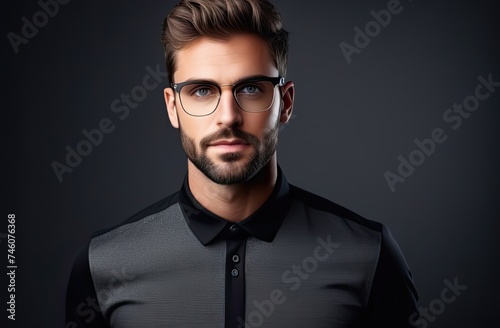 Fashion young man with glasses holding his fashionable sunglasses on gray background