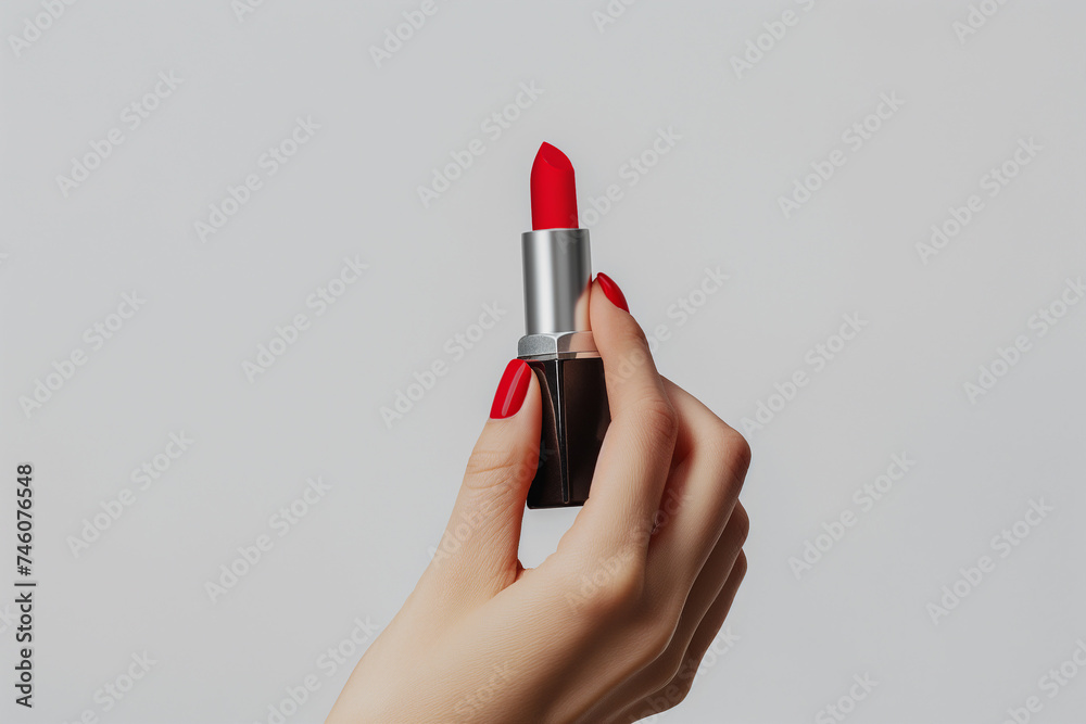 Female Hand holding Red Lipstick with Matching Red Nailpolish - Minimalist and Elegant Beauty Cosmetic Product Presentation on White Background Female Hand holding Red Lipstick with Matching Red Nailpolish - Minimalist and Elegant Beauty Cosmetic Product Presentation on White Background