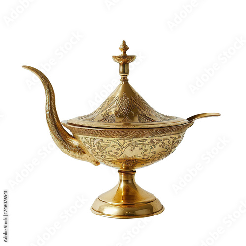 Vintage gold Arabian genie lamp of Aladdin isolated on white background. 