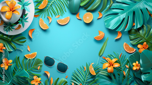 modern and stylish banner for filling with text on a marine theme, palm leaves and tropical plants, hat, glasses, sea card for promotions and sales