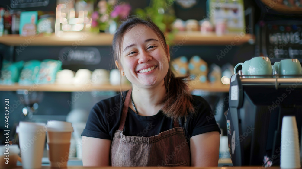 Smiling Young Woman with Down Syndrome Working in Coffee Store