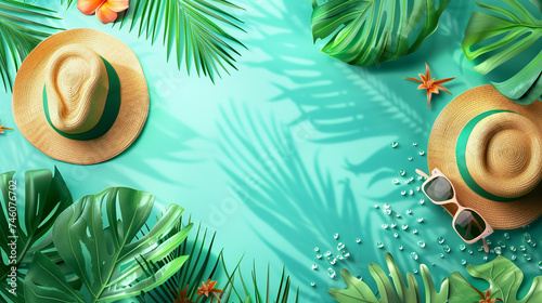 modern and stylish banner for filling with text on a marine theme, palm leaves and tropical plants, hat, glasses, sea card for promotions and sales