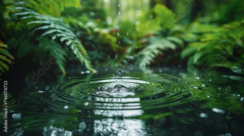 A single water drop descends into a reflecting pool of water, creating ripples amidst lush green plants in the background photo
