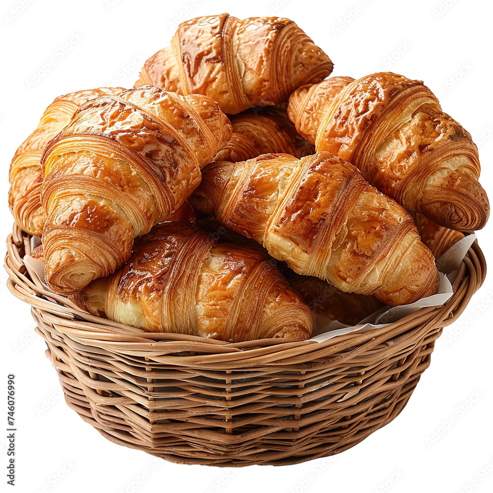 Fresh Croissants in basket isolated on white background.